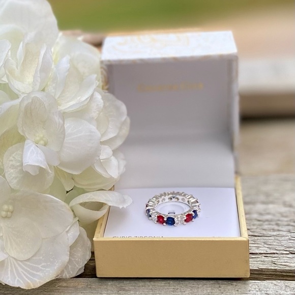 NWT CHARTER CLUB SILVER TONE RED, WHITE & BLUE CUBIC ZIRCONIA RING - 5 - Picture 3 of 7
